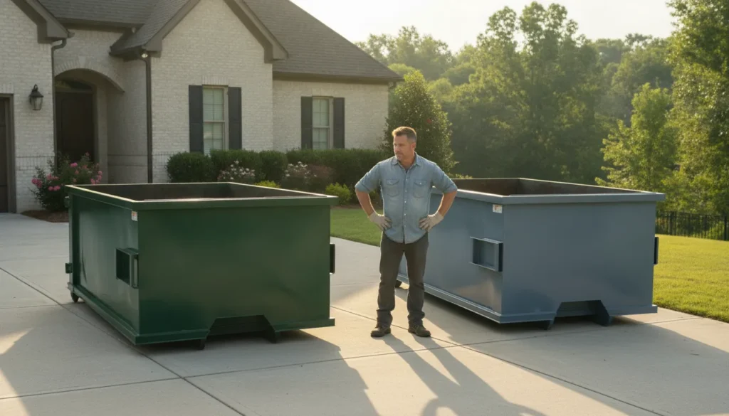 Two roll-off dumpsters side by side in a residential driveway showing the size difference between a 10-yard and 15-yard container