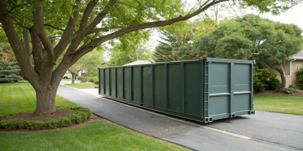A 15 yard dumpster in a driveway for cleaning up tree branches and yard waste.