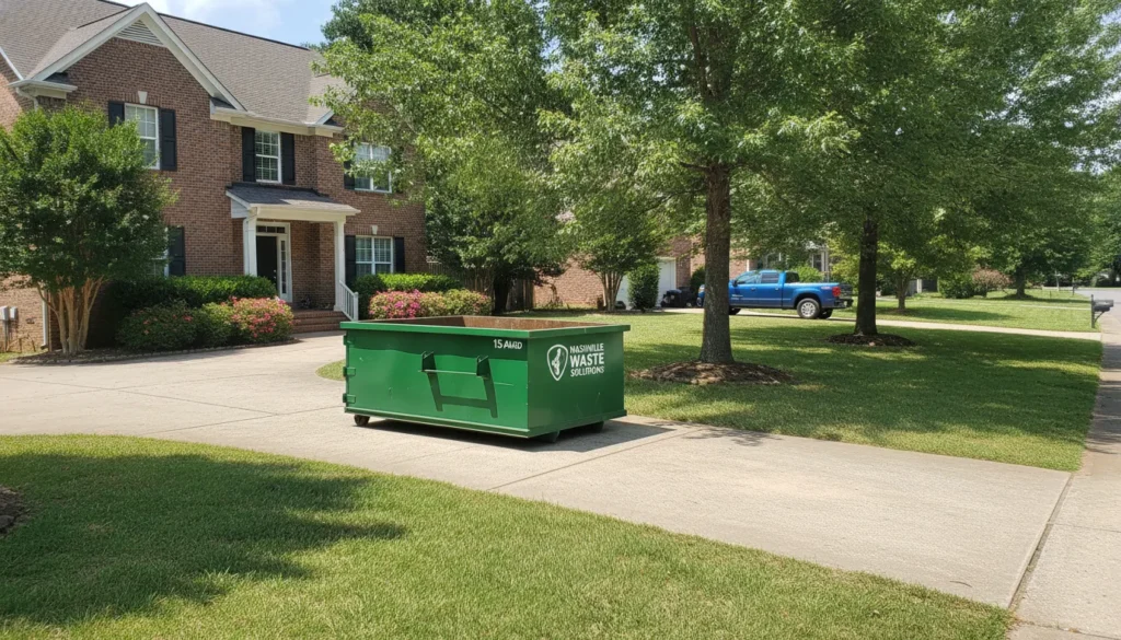 A 15-yard roll-off dumpster sitting in a residential Nashville driveway