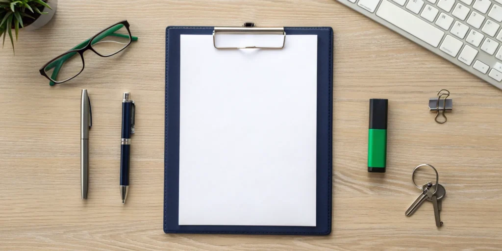 An estate clean out contract on a clipboard with a pen, ready for review.