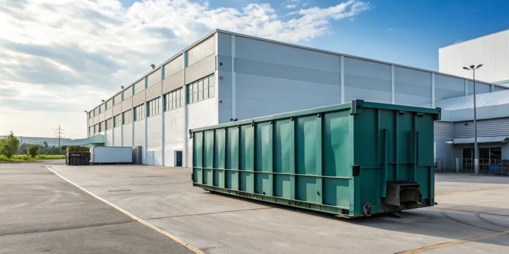 A large commercial dumpster, with rental prices varying by size and weight.