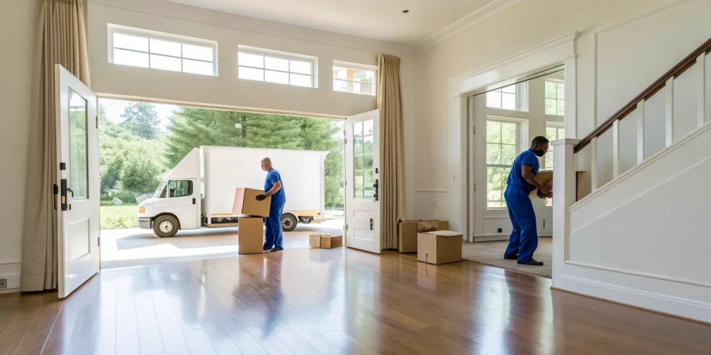 Foreclosure cleanout services in action as a team moves boxes from a home into a truck.