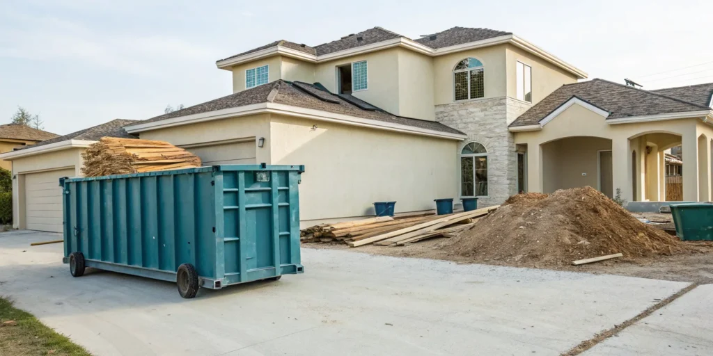 Residential construction waste disposal with a roll-off dumpster to manage project costs.