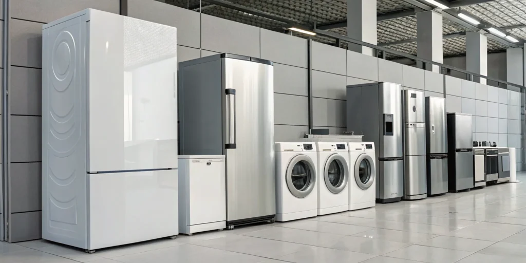 A row of household appliances and a guide to understanding appliance disposal cost.