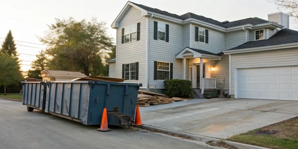 Residential dumpster rental for remodeling debris sits in a driveway next to a home.