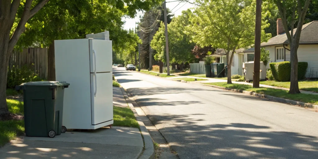 Old refrigerator on the curb ready for appliance removal service.