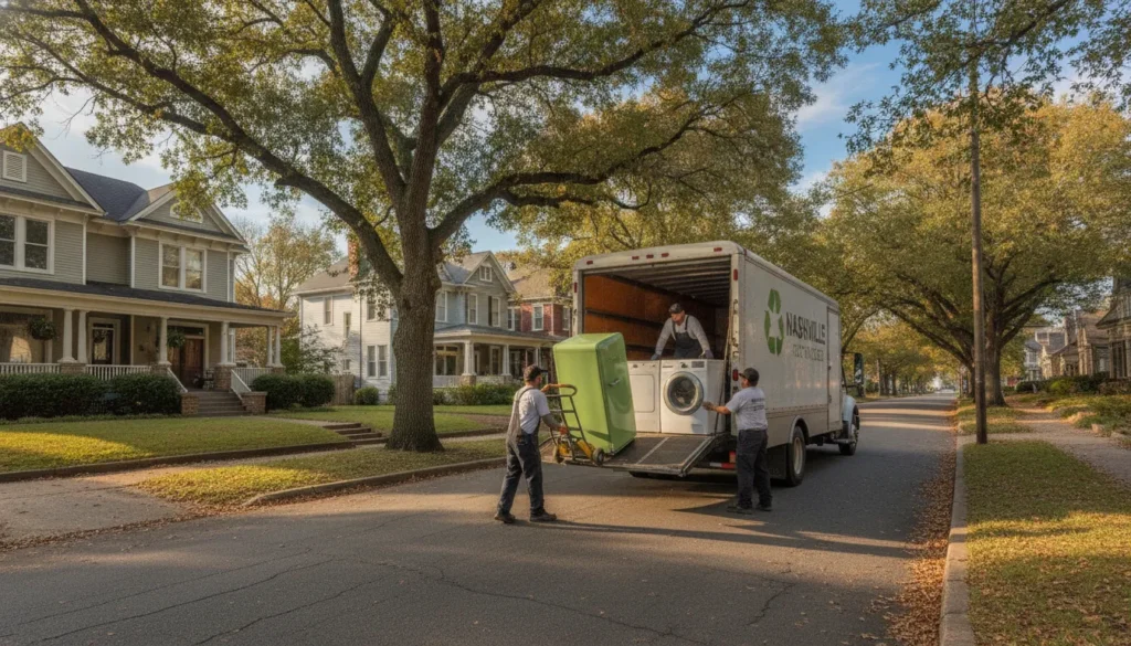 Crew loading an old refrigerator and washer for appliance removal in Nashville
