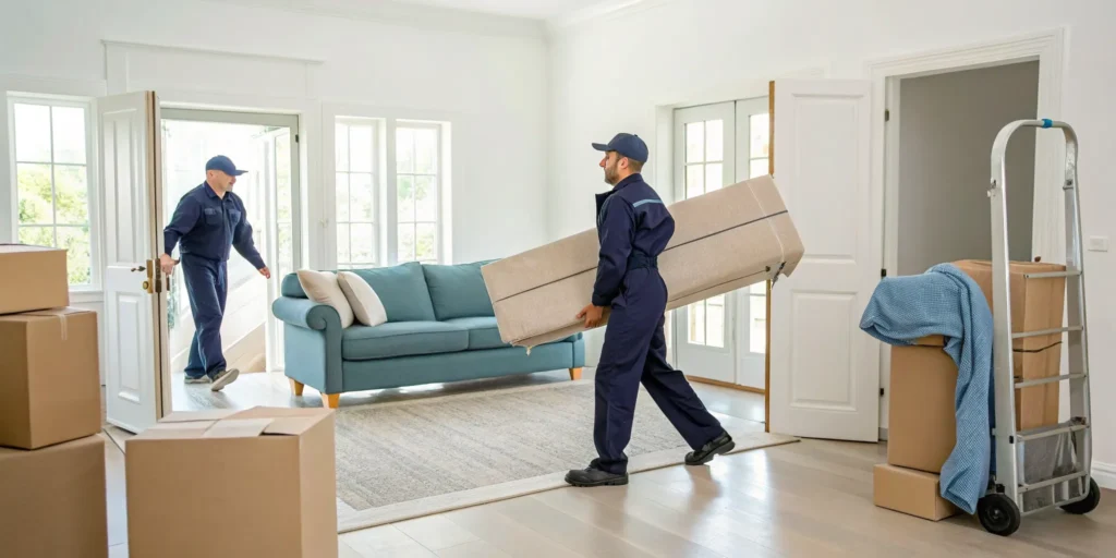 A bank owned property cleanout in progress with a professional crew removing junk and furniture.