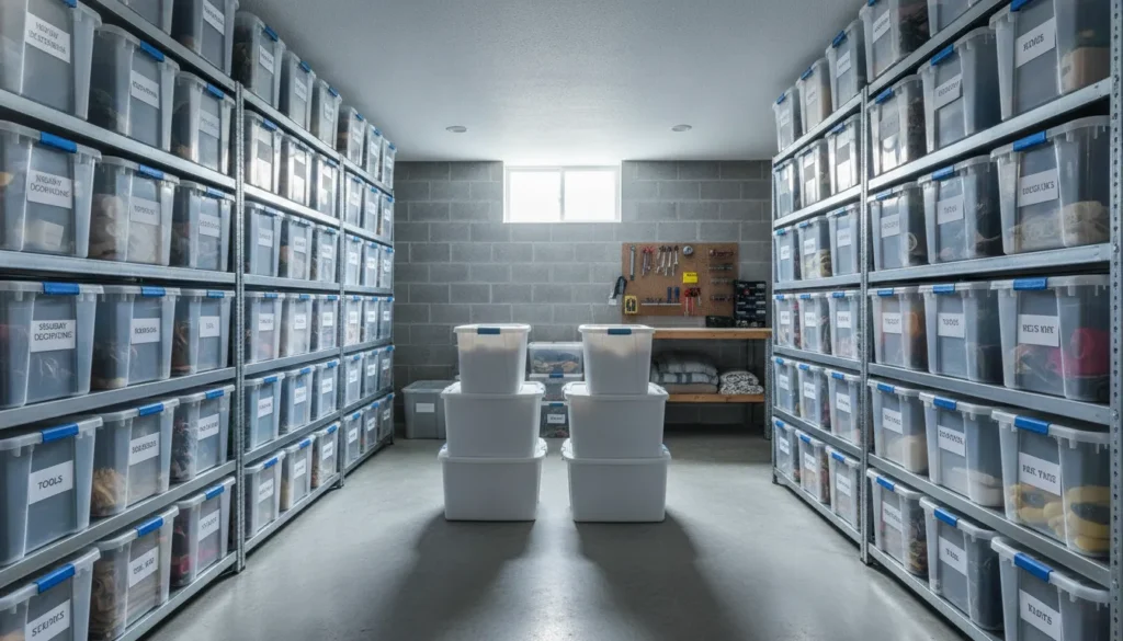 Organized home basement with storage shelves and containers