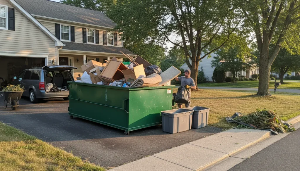Small dumpster rental in a driveway for a home cleanout