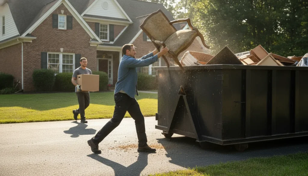 Worker loading a 15-yard steel dumpster in a Nashville driveway with household furniture and boxes
