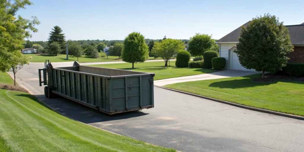A large dumpster on a residential street for a scheduled bulk trash pickup.