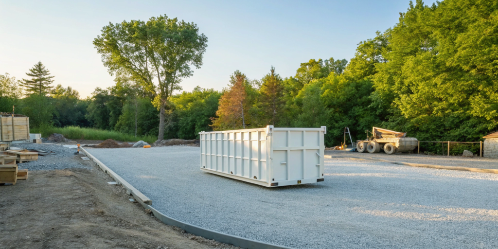 A roll-off container for a business dumpster rental at a commercial site.