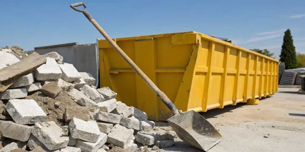 A pile of broken concrete next to a dumpster for proper trash disposal.