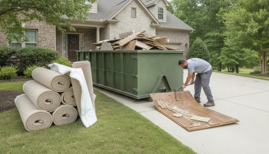 Rolled carpet staged beside a driveway-friendly dumpster