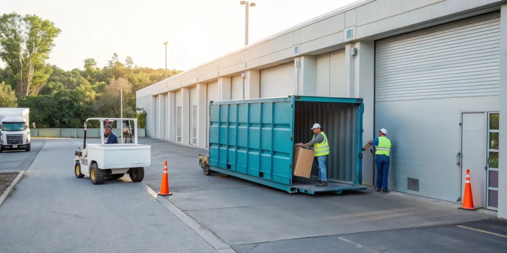 A cheap small business dumpster rental being delivered by workers.