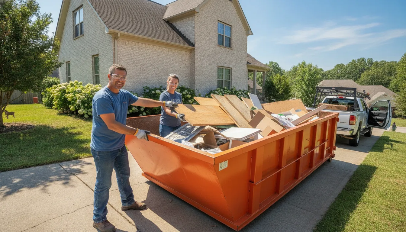 Owner-operator contractor helping a homeowner load a 15-yard driveway-friendly dumpster in a Nashville driveway