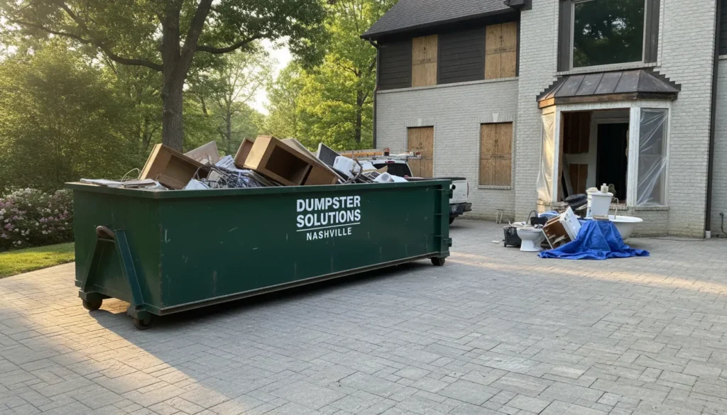 15-yard driveway-friendly dumpster in Nashville driveway during home remodel