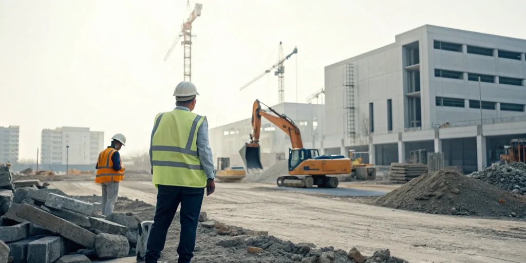 A professional crew performing commercial construction debris removal with heavy equipment.
