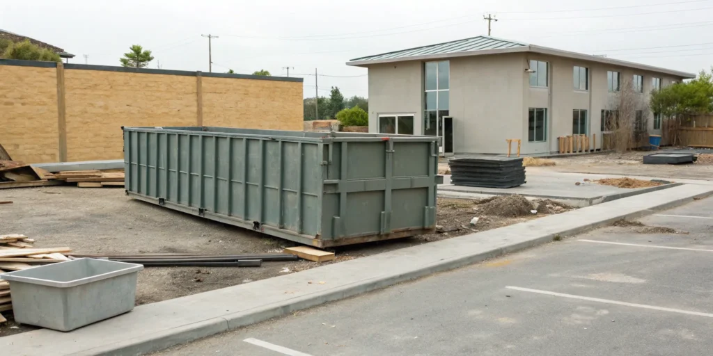 A large dumpster on a commercial site for a professional debris removal service.