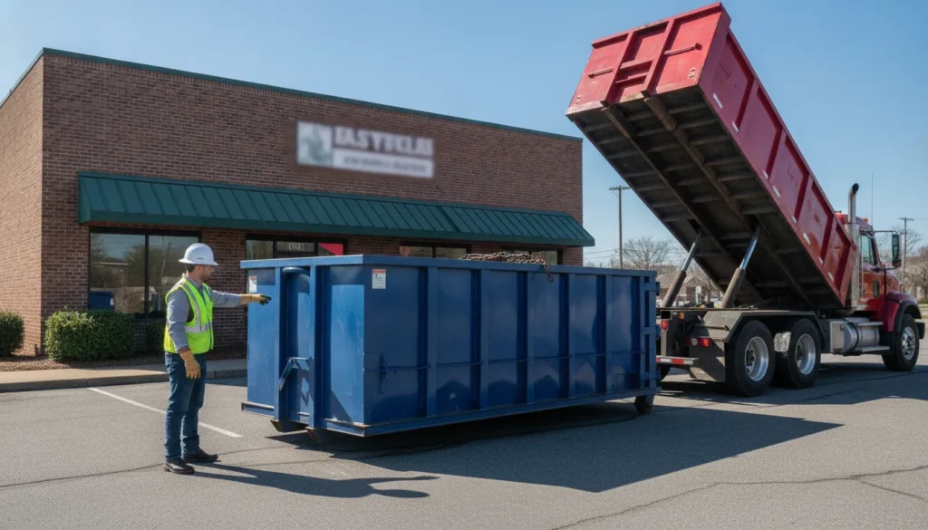 Commercial roll-off dumpster being delivered by truck to a Nashville small business parking lot