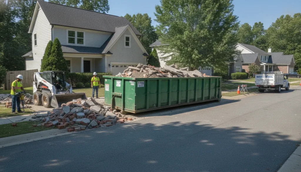 15-yard roll-off dumpster filled with concrete and brick rubble on a Nashville driveway during a home renovation