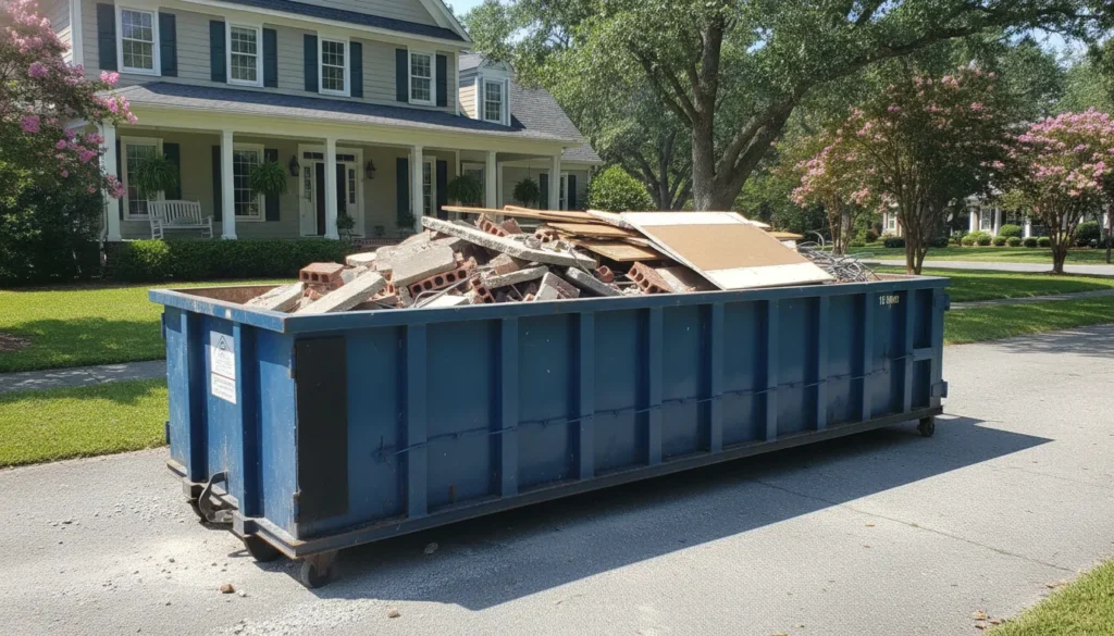 Orange 15-yard roll-off dumpster filled with broken concrete and brick debris on a Nashville residential driveway