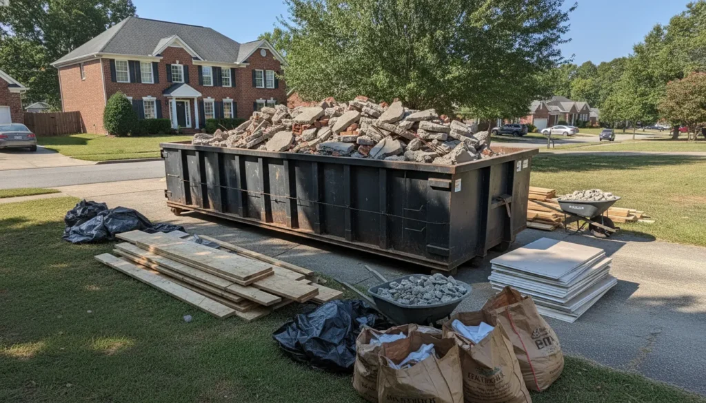 Roll-off dumpster in a Nashville residential driveway filled with broken concrete and brick construction debris