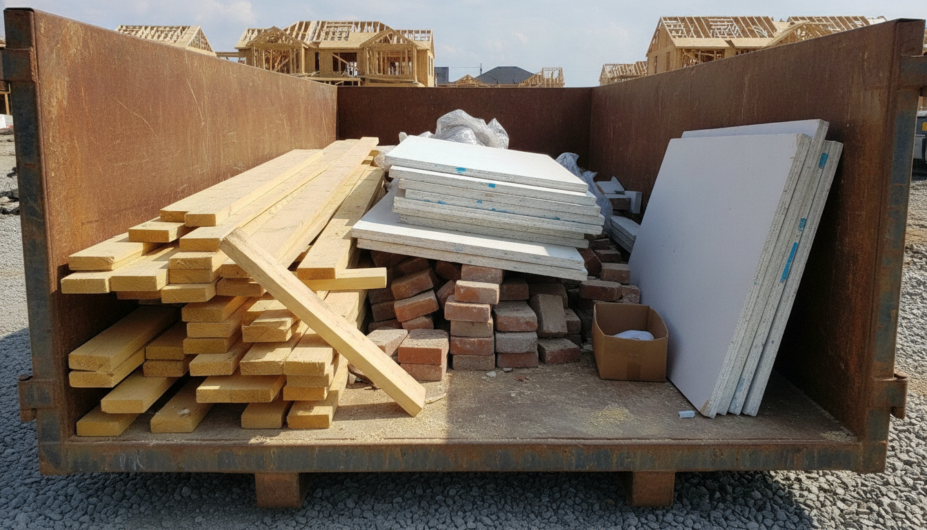 Renovation debris, framing lumber, and drywall inside a 15-yard roll-off dumpster at a Nashville construction job site.