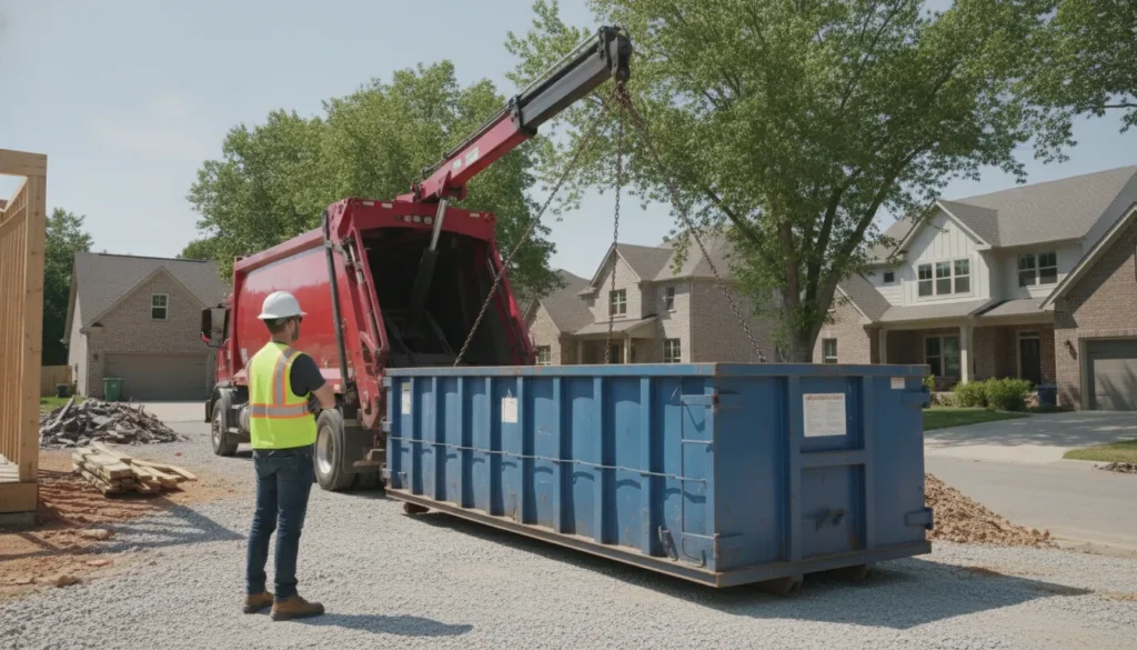 Orange roll-off dumpster being delivered to a Nashville residential construction job site by a truck