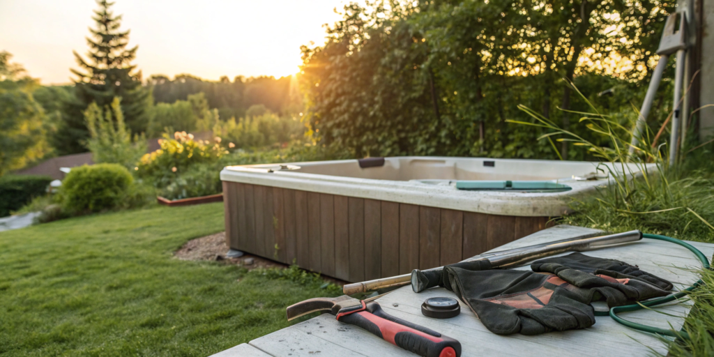 The cost of hot tub removal for a backyard spa with tools and gloves ready for the job.