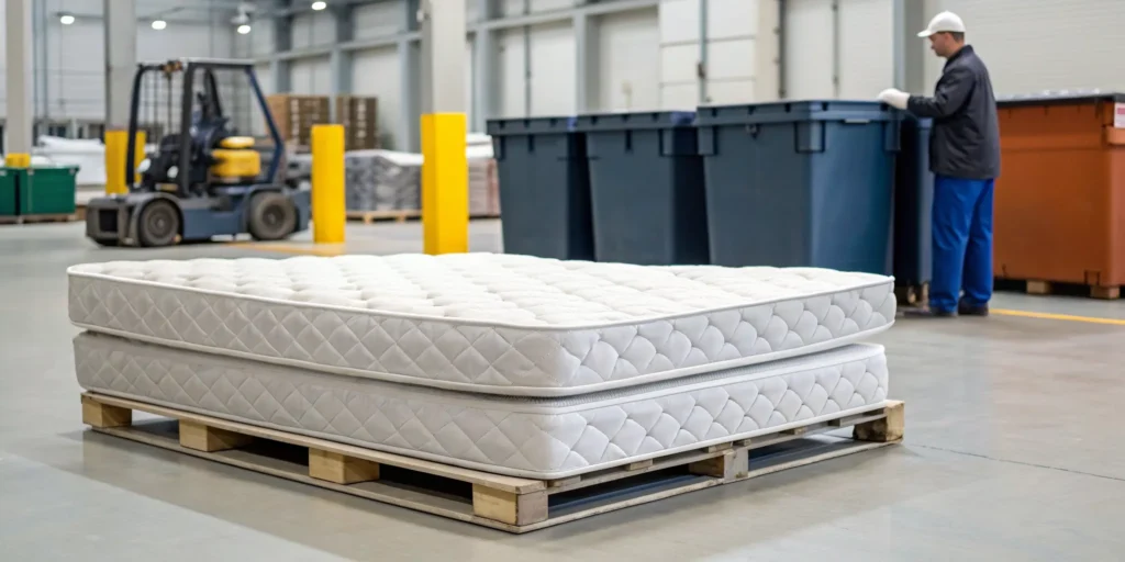Stacked mattresses awaiting pickup, a key part of the cost to dispose of a mattress.
