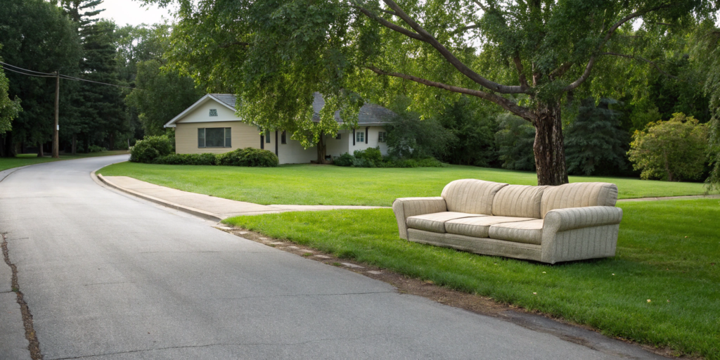 Old couch left on a curbside for disposal.