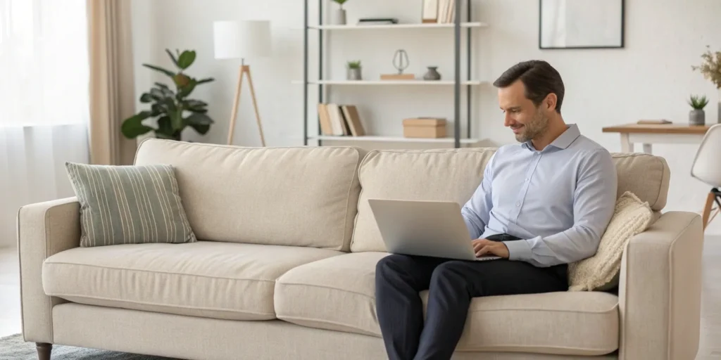 Man on a couch using a laptop to research the cost of couch disposal plus services.