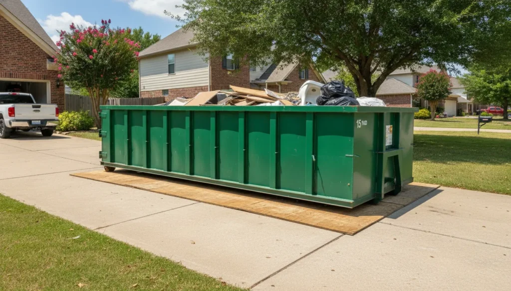 A 15-yard roll-off dumpster carefully placed on a residential driveway with protective plywood boards underneath in a Nashville neighborhood