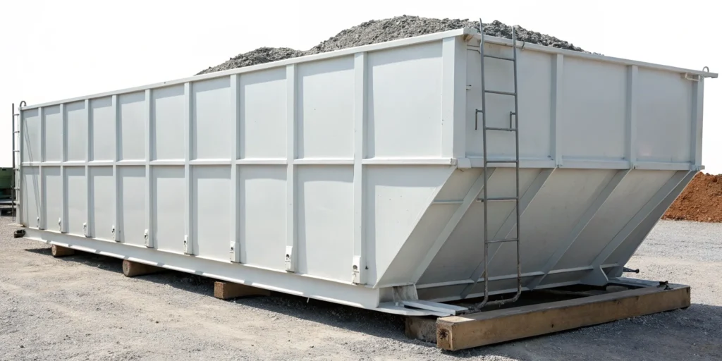 A large dumpster for concrete disposal filled with chunks of broken concrete.