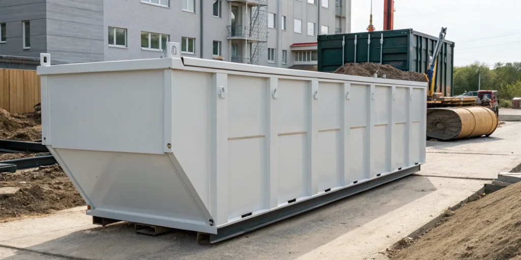 A heavy-duty roll-off dumpster filled with dirt and concrete at a job site.