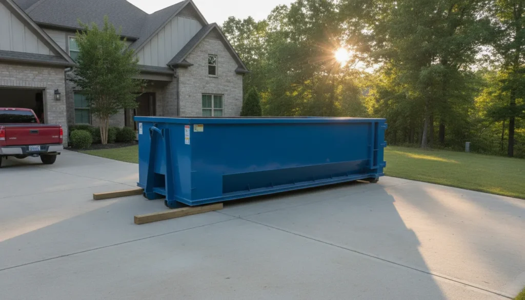 Roll-off dumpster placed safely in a Nashville driveway for dumpster permit Nashville planning
