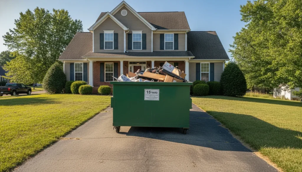 15-yard roll-off dumpster in a Bowling Green residential driveway