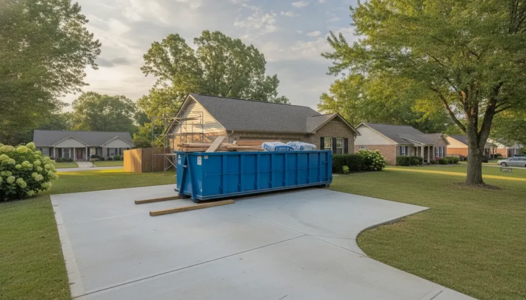 Driveway-friendly 15-yard roll-off dumpster beside a Smyrna Tennessee home remodel