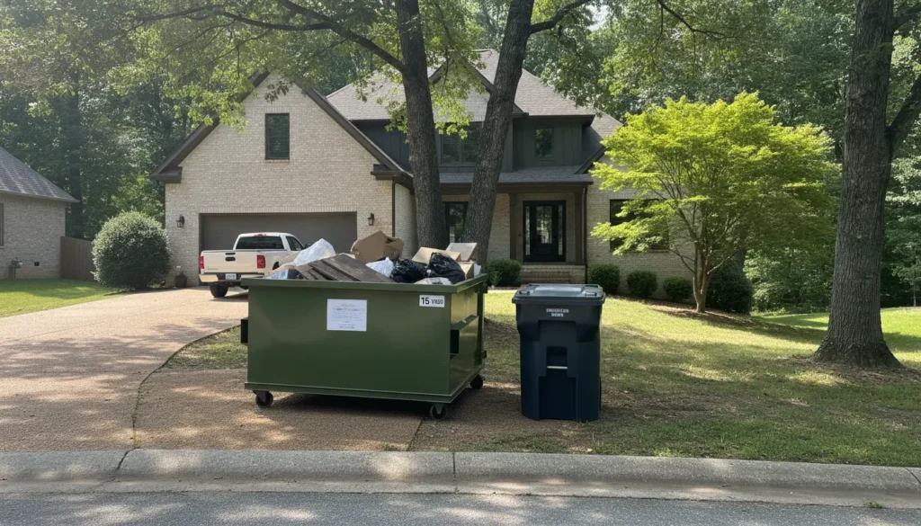 15-yard driveway-friendly dumpster next to a city trash bin in a Franklin TN residential driveway