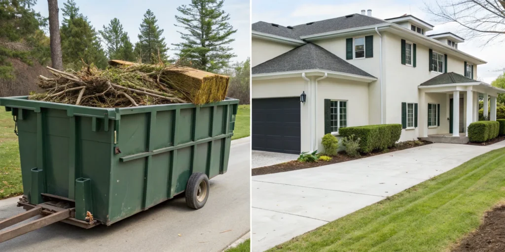 A dumpster rental for yard waste contrasted with a clean driveway after junk removal service.