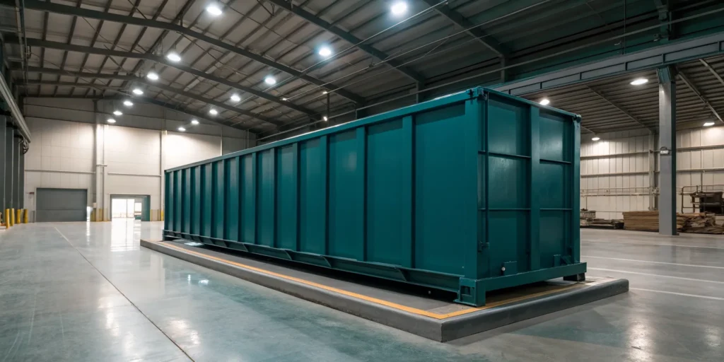 Large green roll-off dumpster, its debris weight determined by a weight calculator.