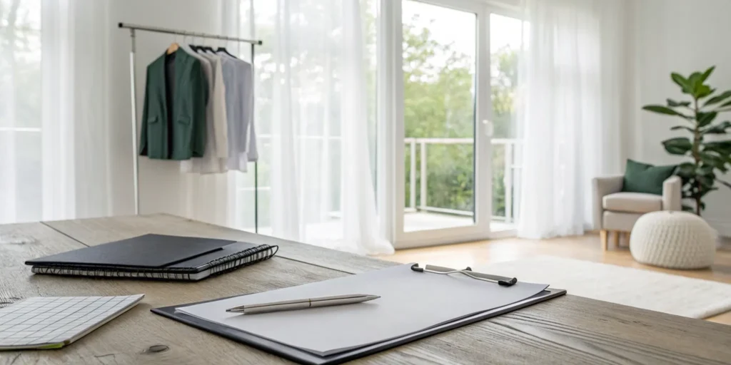 Estate cleanout checklist on a desk with organized paperwork and a rack of sorted clothes.
