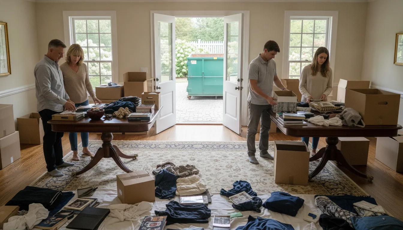 Family sorting belongings during a respectful estate cleanout in Nashville with a driveway-friendly dumpster nearby