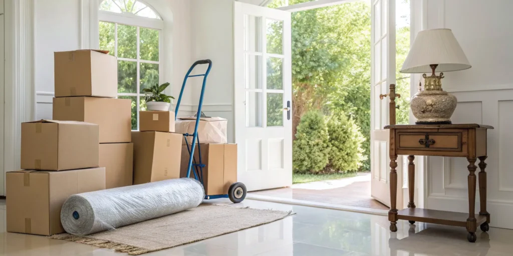 Boxes packed in a home entryway by one of the best estate cleanout services.