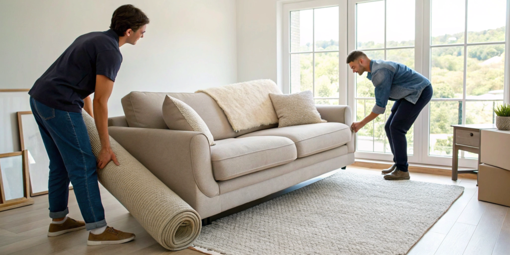 Two professionals completing a furniture removal by carrying a sofa out of a home.