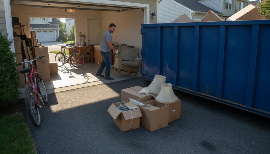 Homeowner loading old furniture and boxes into a 15-yard roll-off dumpster during a garage cleanout