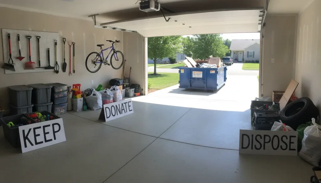 Organized garage cleanout with a driveway dumpster