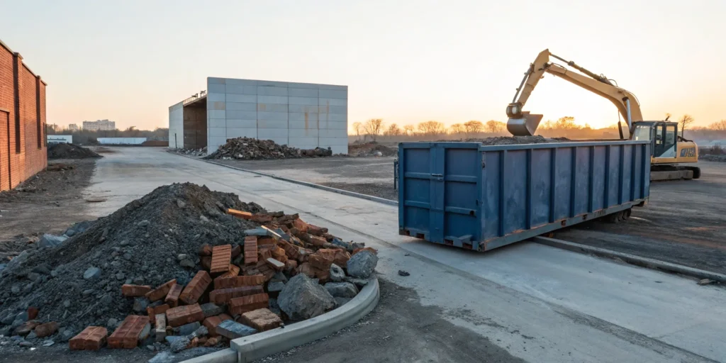 A rental dumpster for heavy debris like concrete and bricks at a construction site.